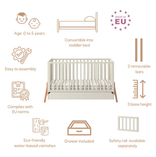 Complete baby room Iris beige | Convertible bed with drawer, wardrobe, changing table and changing top